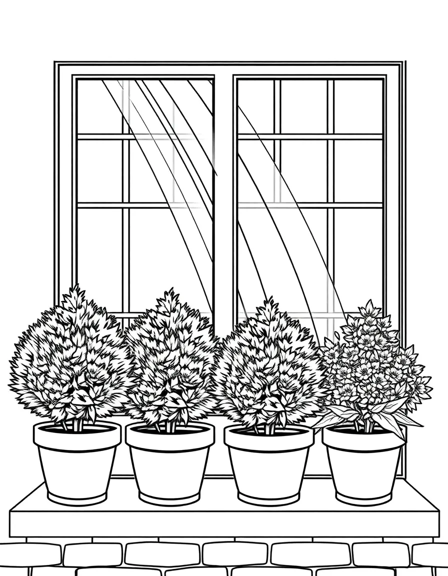 A row of potted houseshrubs on a windowsill under a rainbow