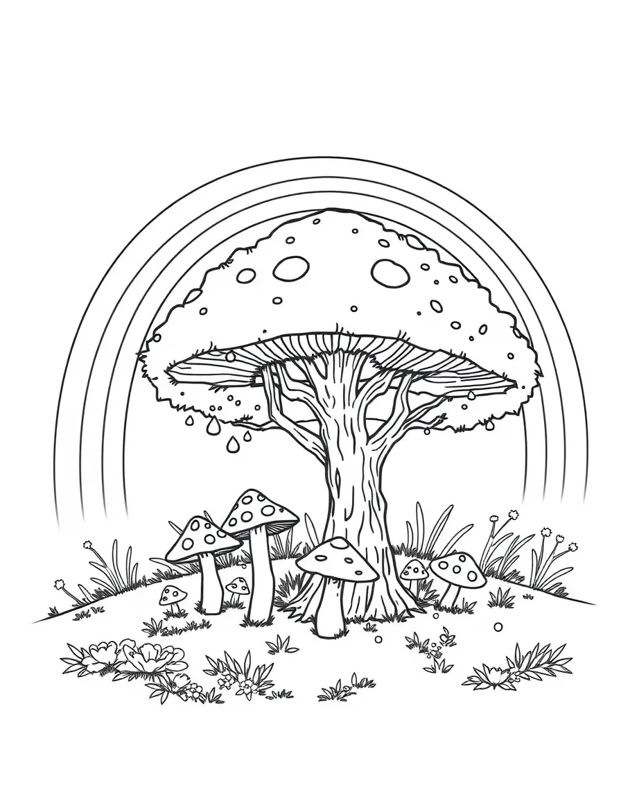 A mushroom patch under a tree under a rainbow