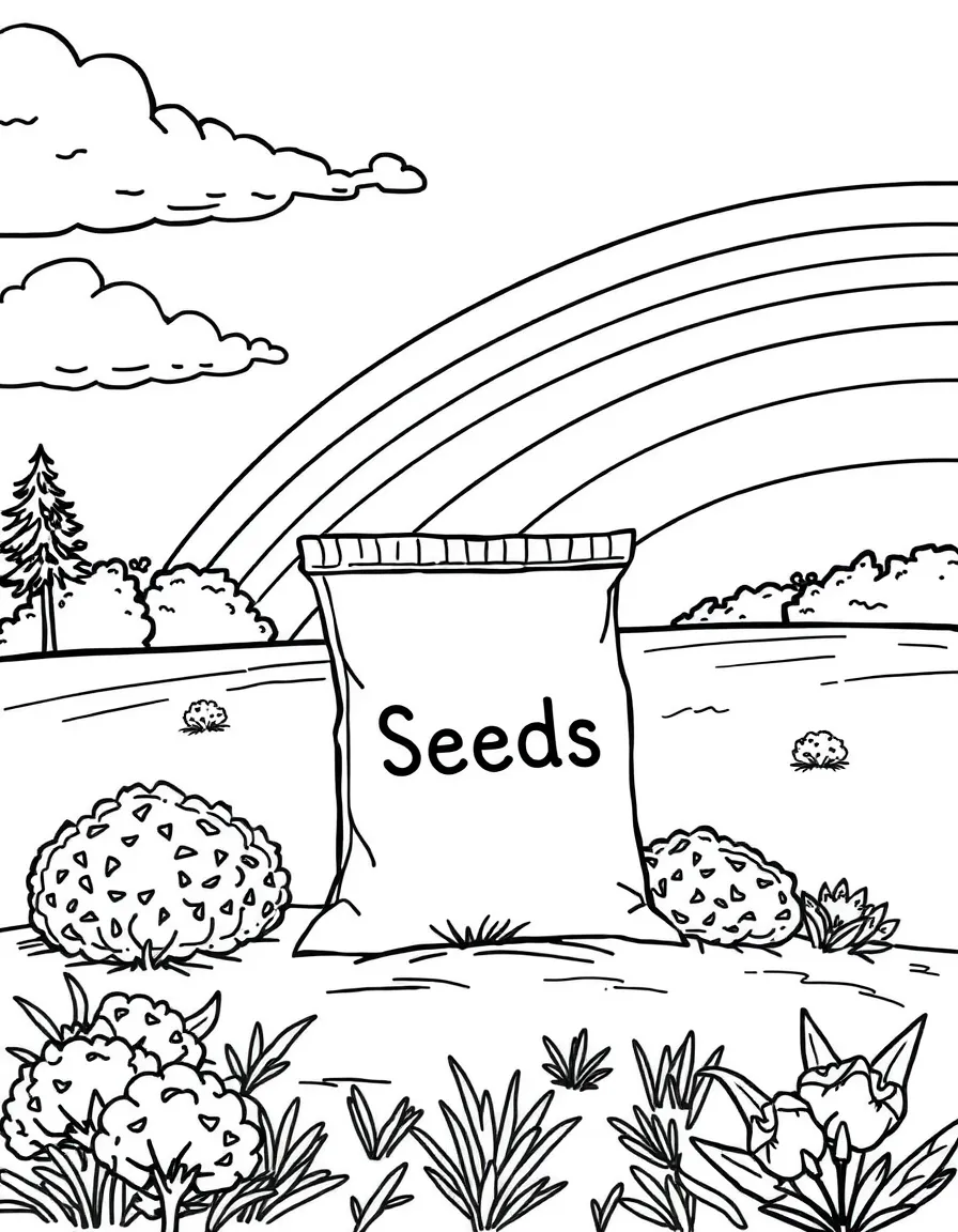 A seed packet with shrubs growing around it under a rainbow