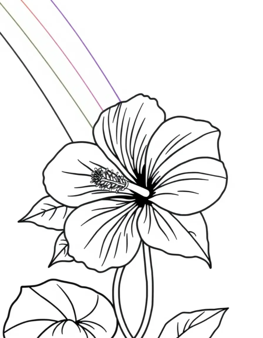 A tropical hibiscus blossom with large petals under a rainbow