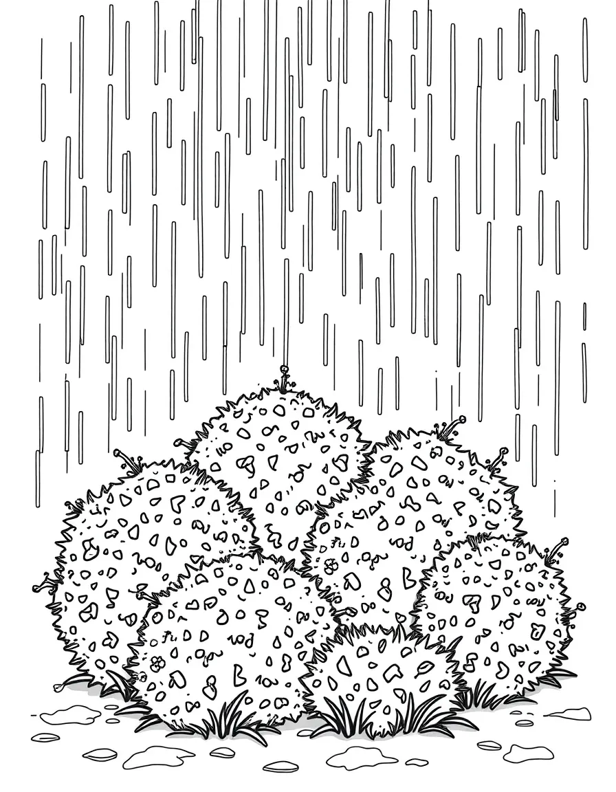 A scene of rain falling on a group of shrubs