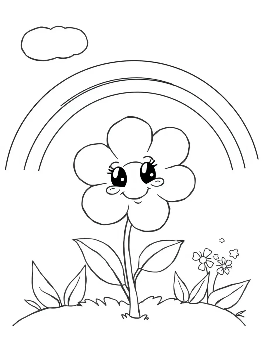 A happy blossom with cartoon eyes and a smile under a rainbow under a rainbow