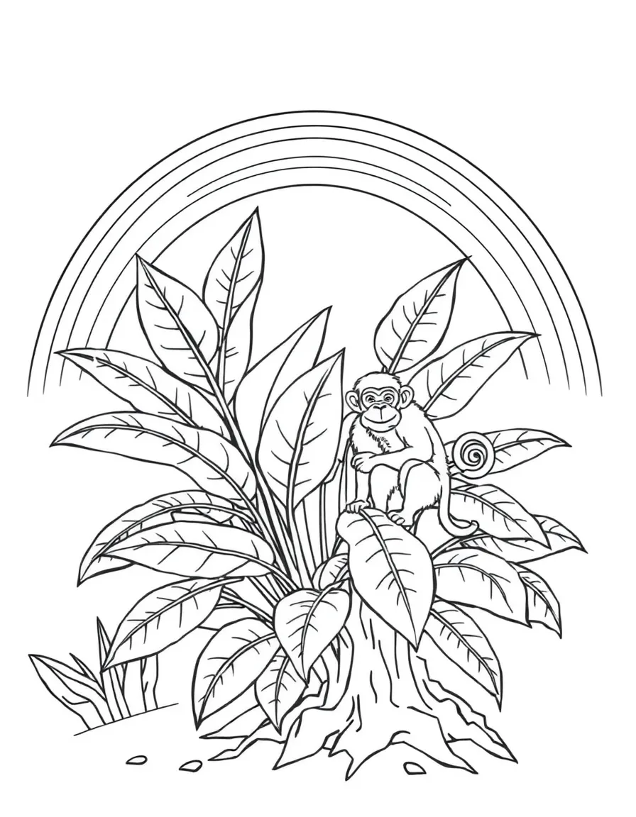 A jungle shrub with giant leaves and a monkey under a rainbow under a rainbow under a rainbow