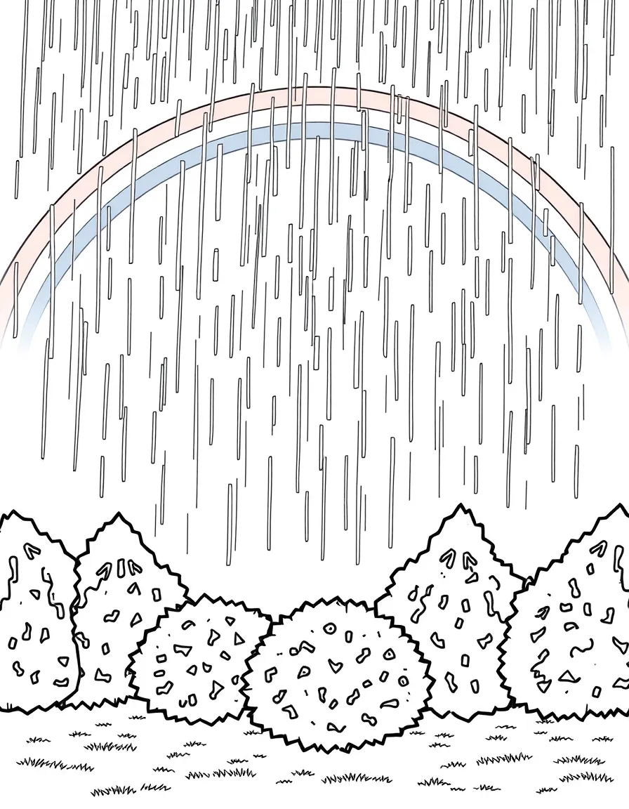 A scene of rain falling on a group of shrubs under a rainbow under a rainbow