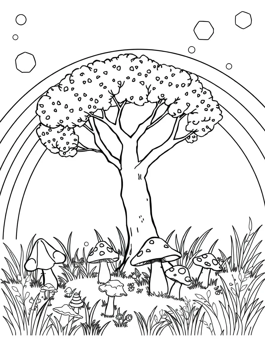 A mushroom patch under a tree under a rainbow