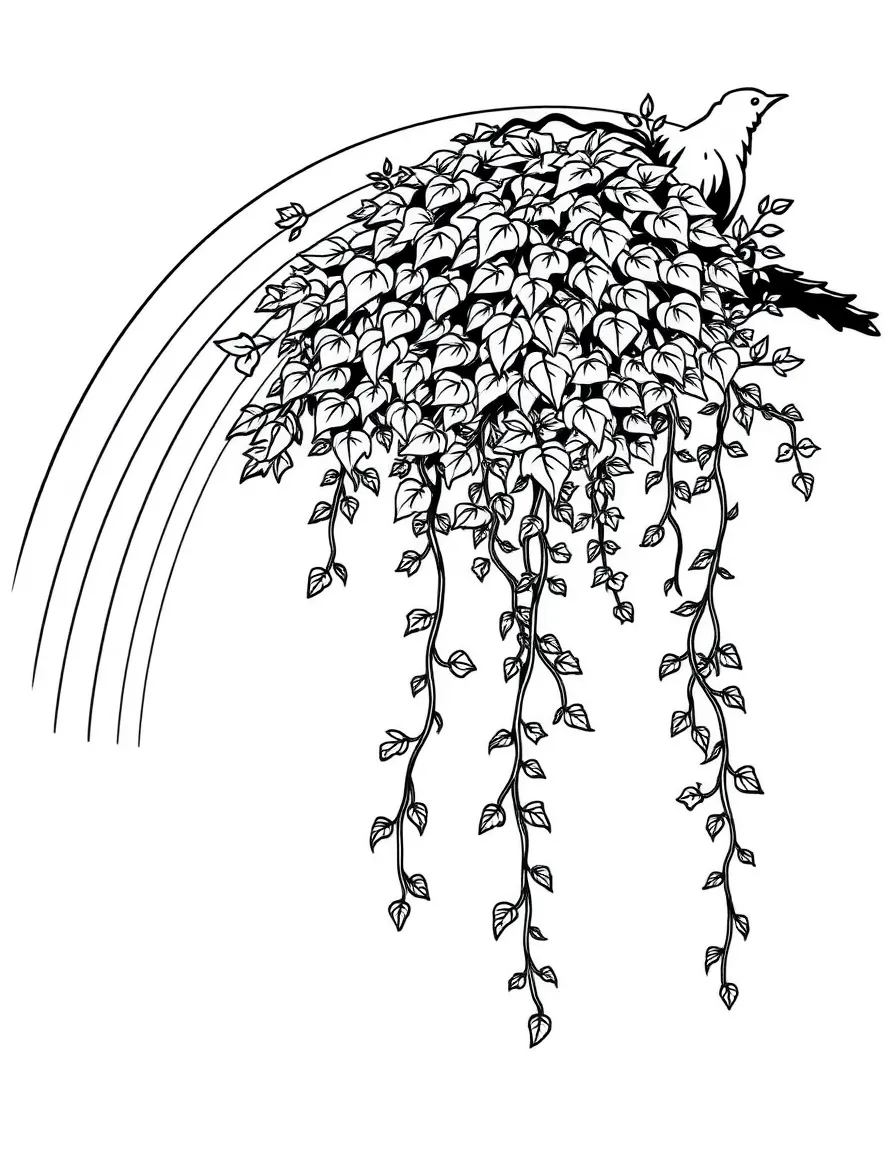 A hanging shrub with vines and leaves under a rainbow