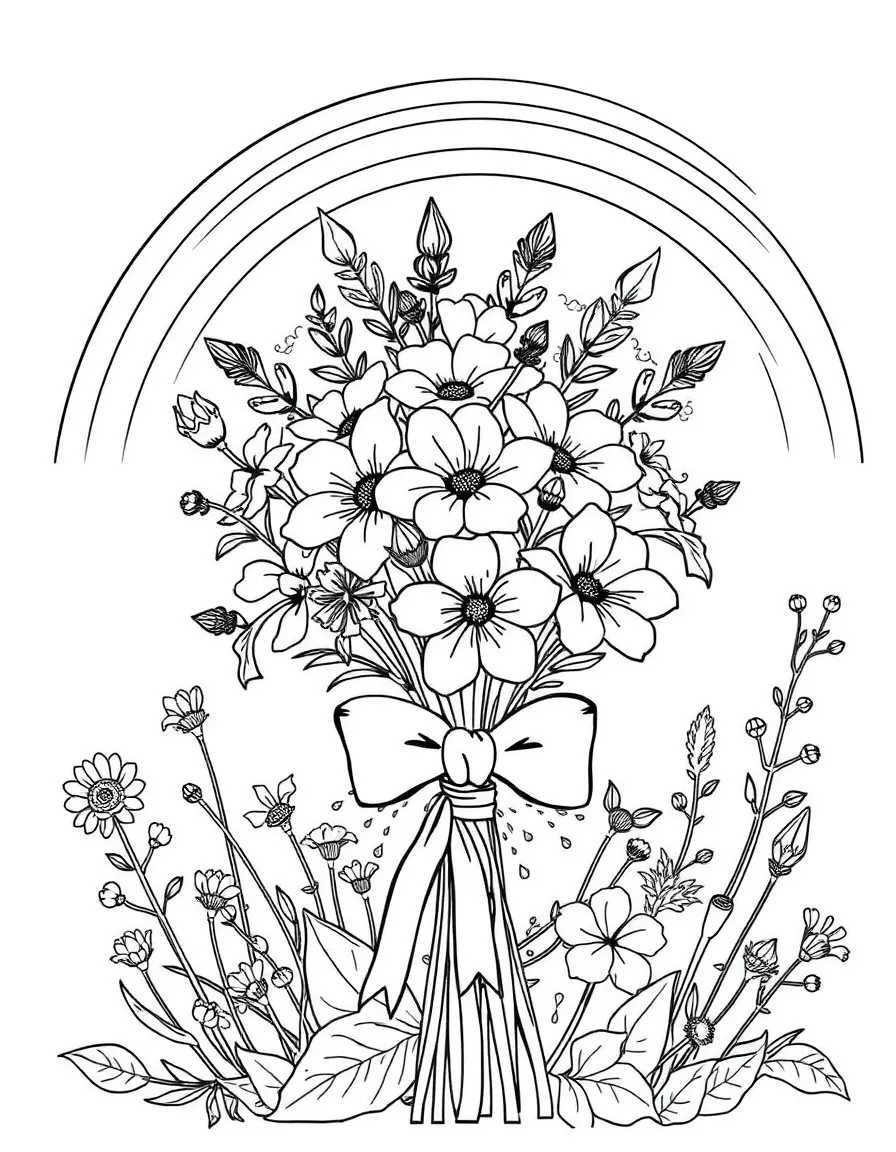 A bunch of wildblossoms tied with a bow under a rainbow