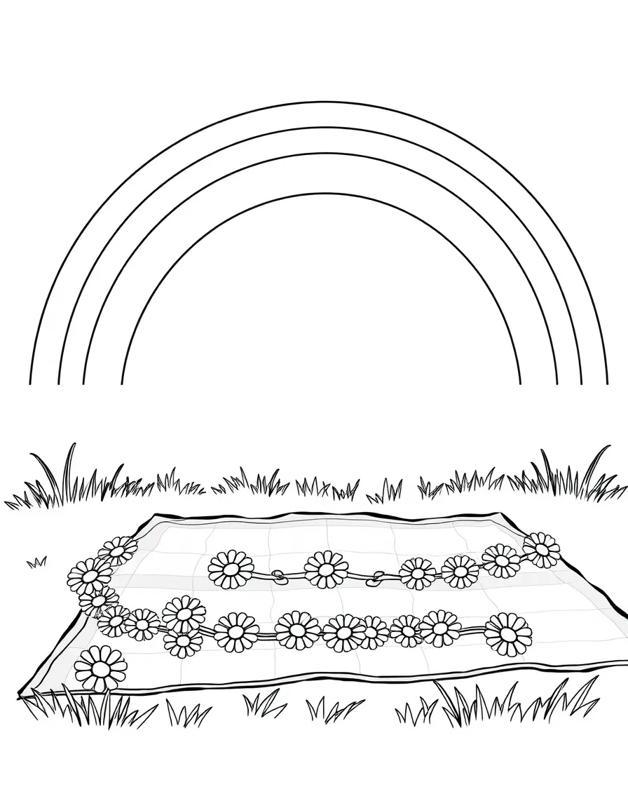 A daisy chain stretched across a picnic blanket under a rainbow