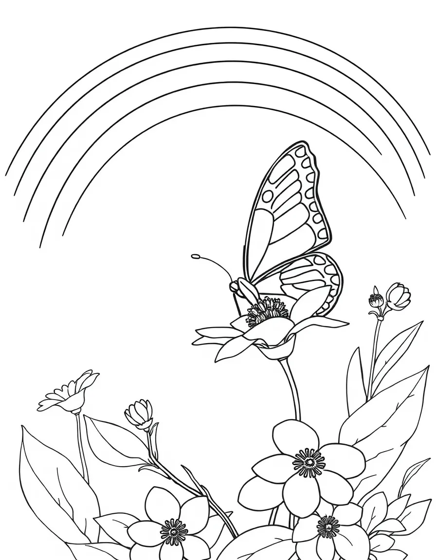 A butterfly landing on a blossom in bloom under a rainbow