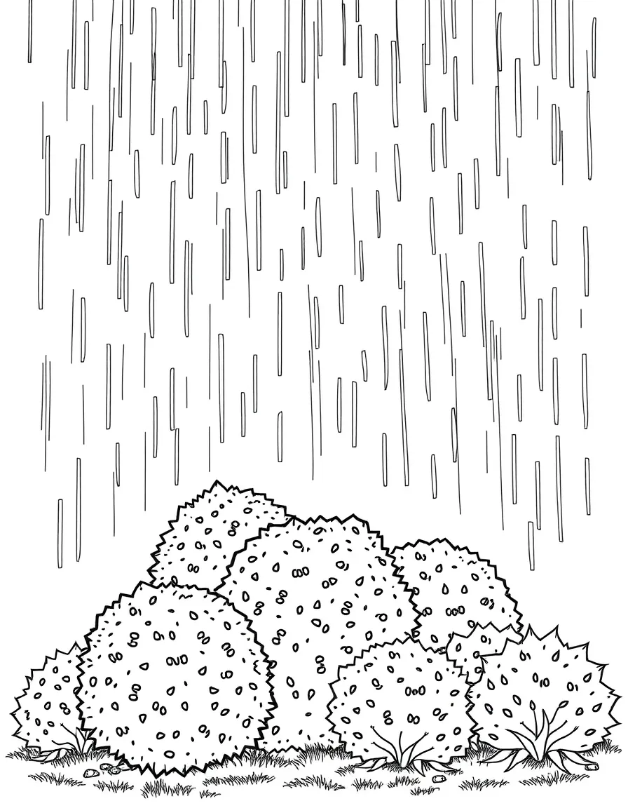 A scene of rain falling on a group of shrubs under a rainbow under a rainbow