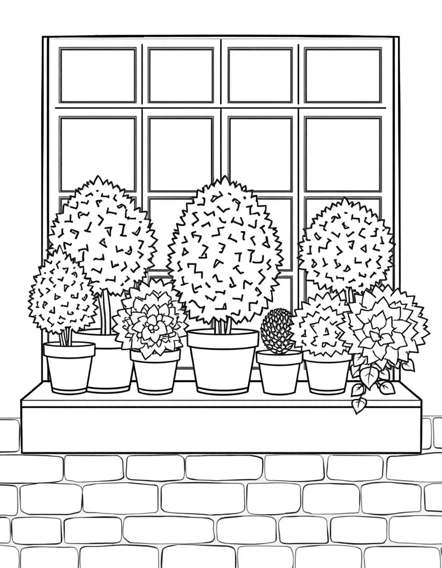A row of potted houseshrubs on a windowsill