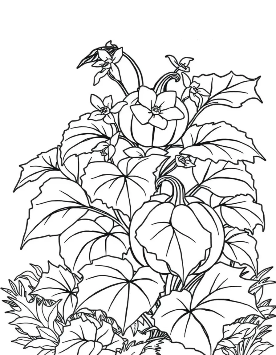 A pumpkin shrub with big leaves and blossoms