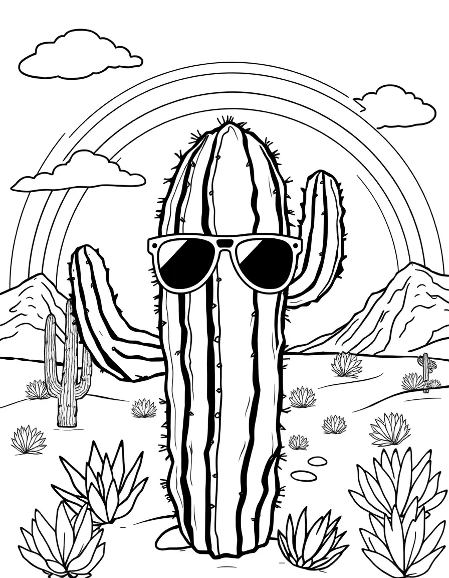 A cactus wearing sunglasses in the desert under a rainbow