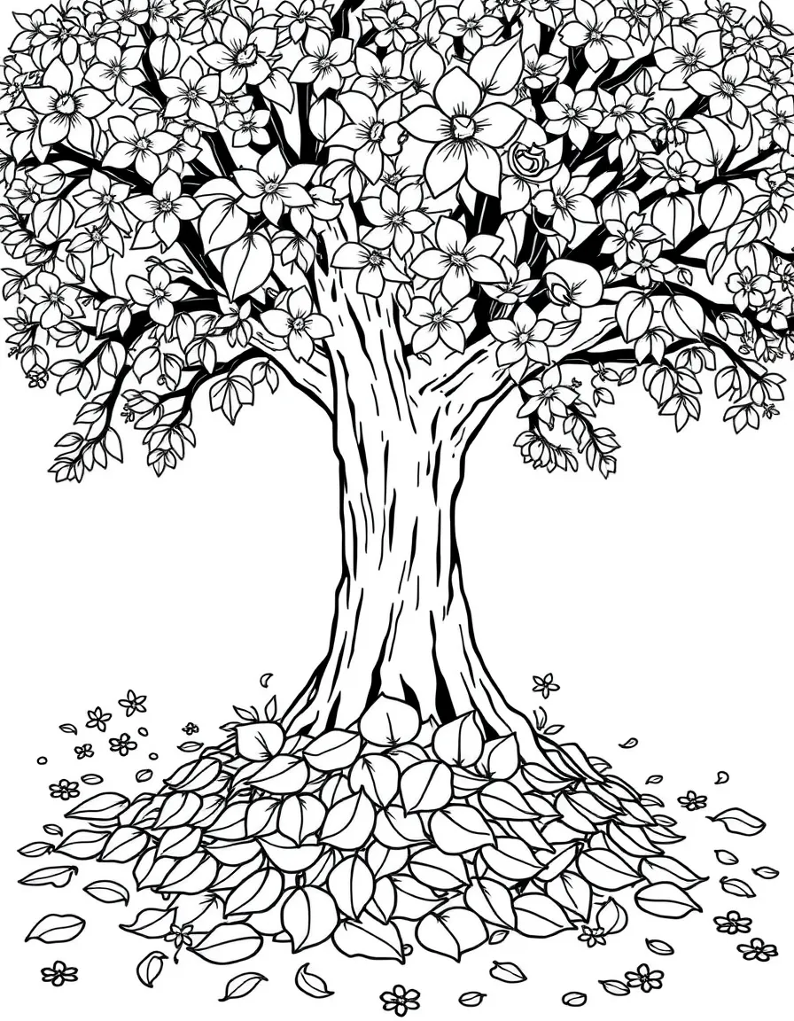 A leaf pile under a tree with blossoms nearby