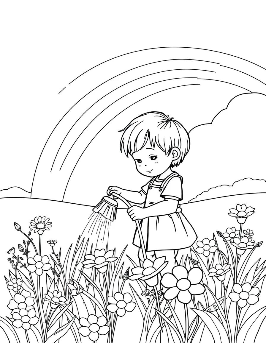 A child watering a sunblossom in the meadow under a rainbow