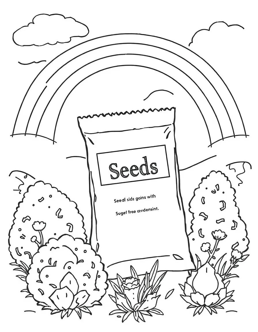 A seed packet with shrubs growing around it under a rainbow