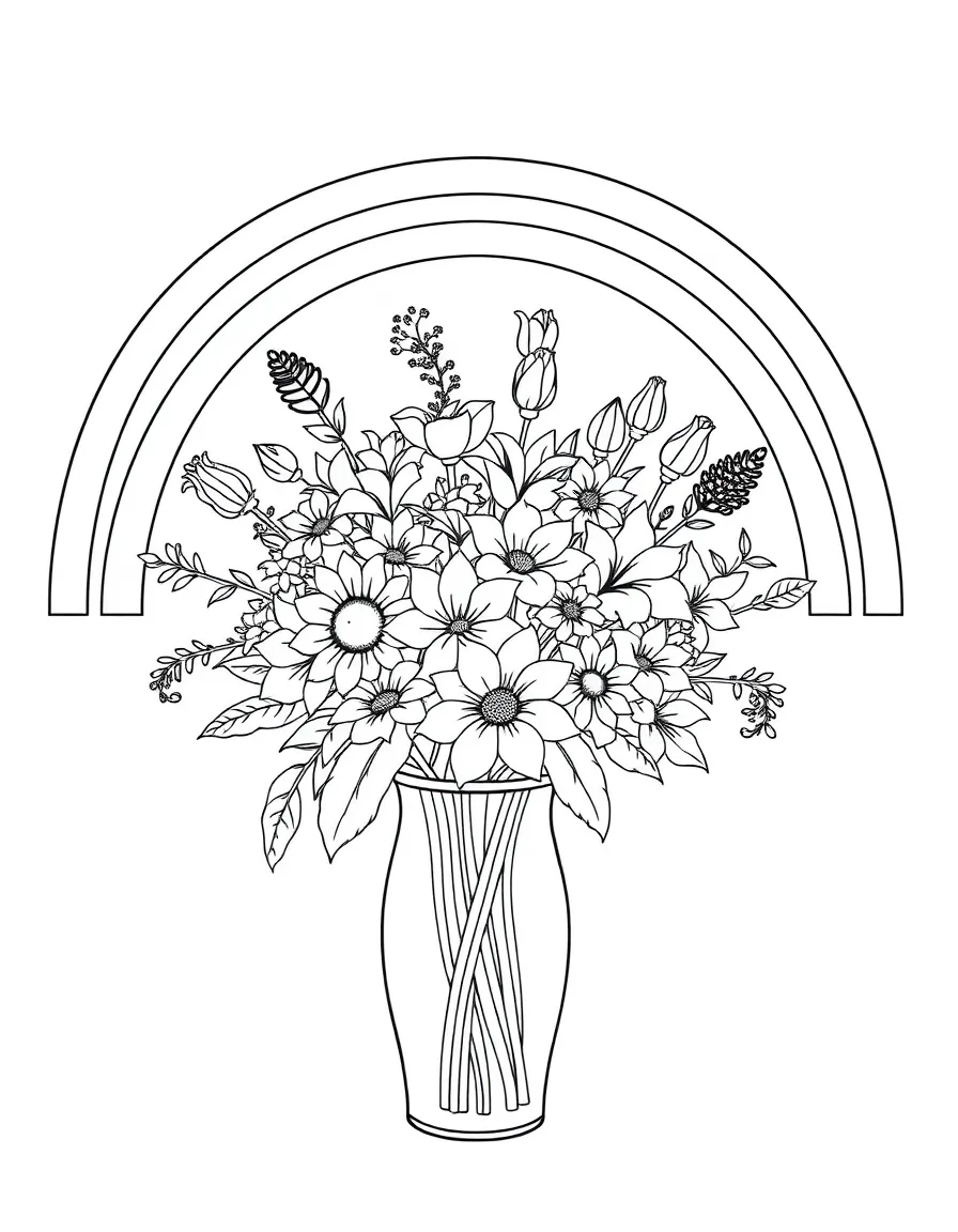 A bouquet in a vase with various blossoms under a rainbow under a rainbow under a rainbow