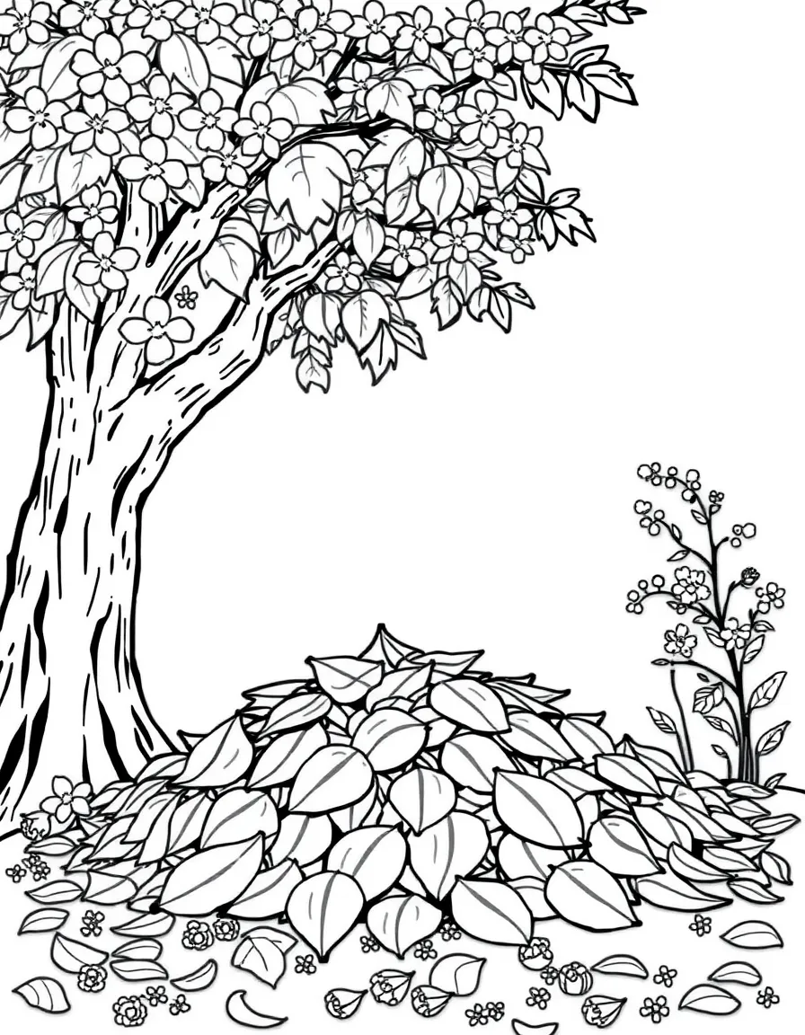 A leaf pile under a tree with blossoms nearby
