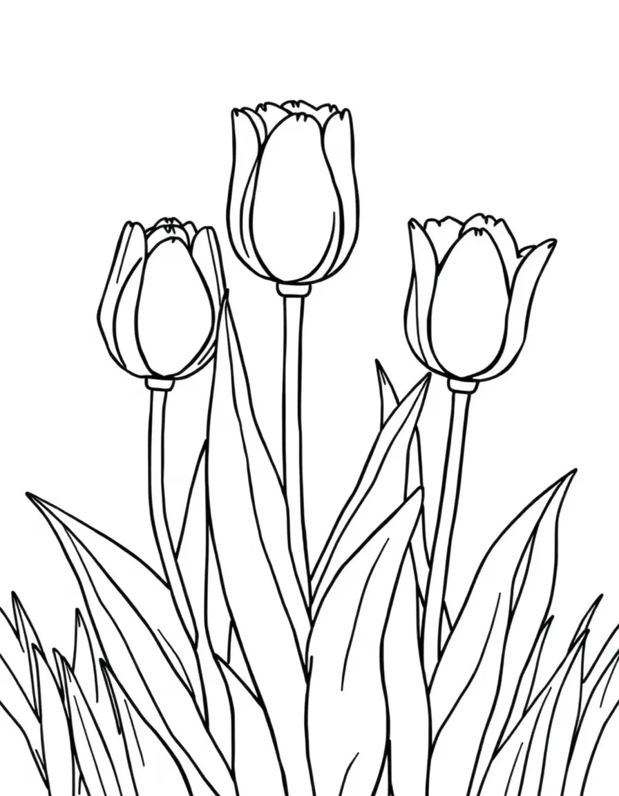 A meadow with three tulips in different colors, each with big leaves