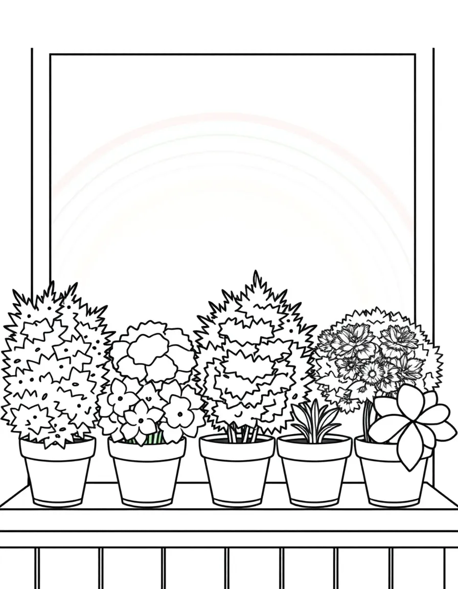 A row of potted houseshrubs on a windowsill under a rainbow