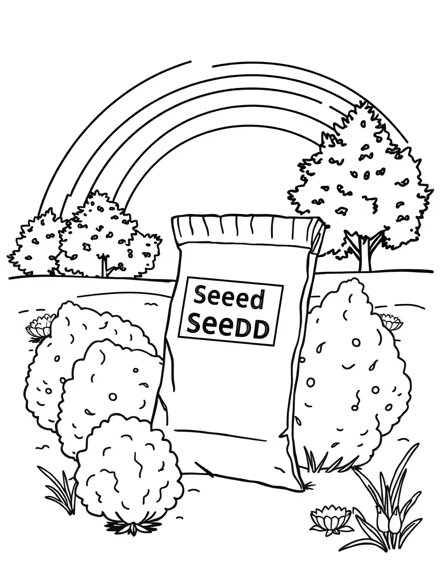 A seed packet with shrubs growing around it under a rainbow