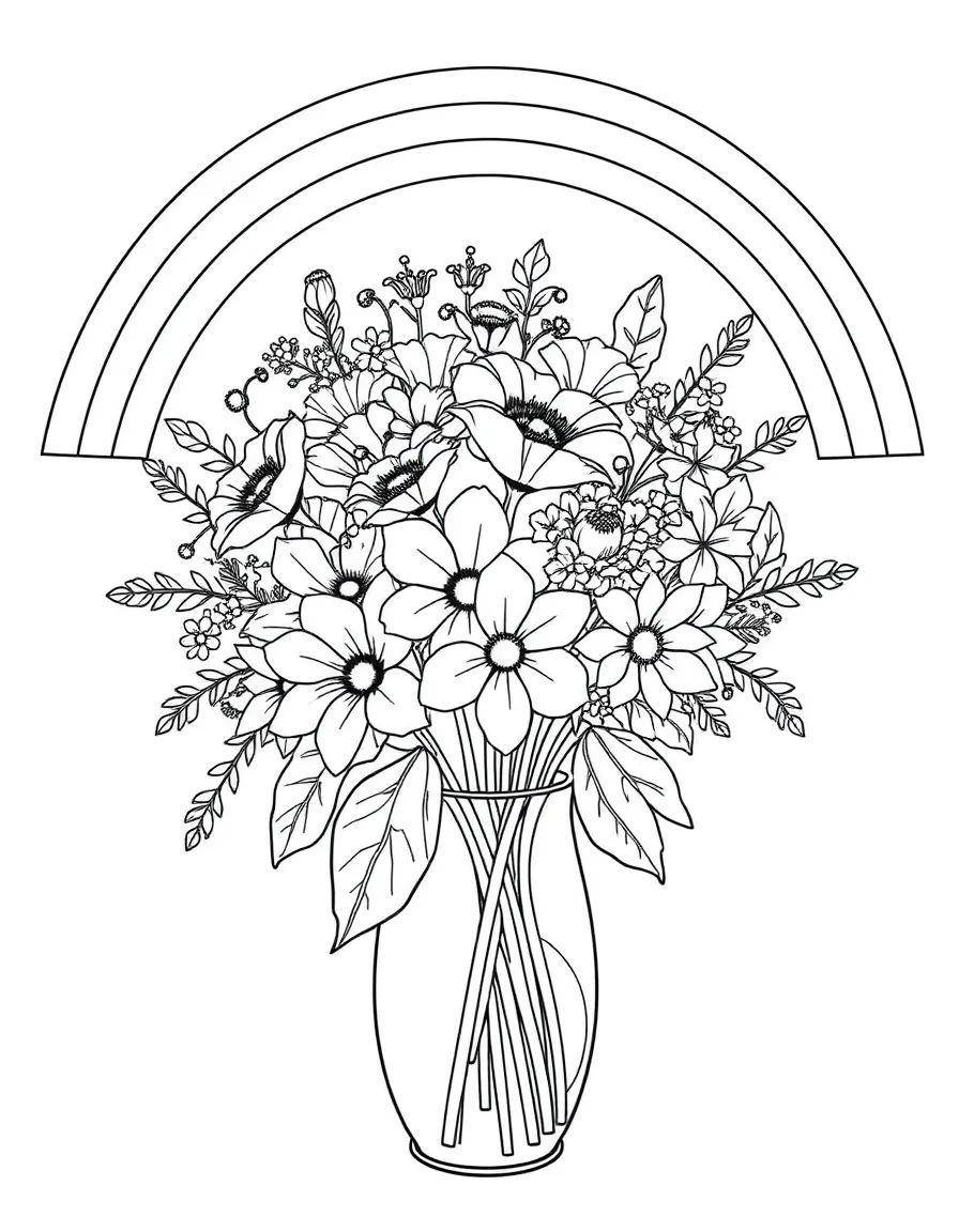 A bouquet in a vase with various blossoms under a rainbow under a rainbow