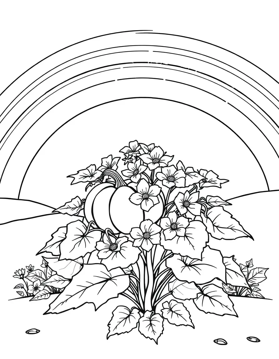 A pumpkin shrub with big leaves and blossoms under a rainbow under a rainbow