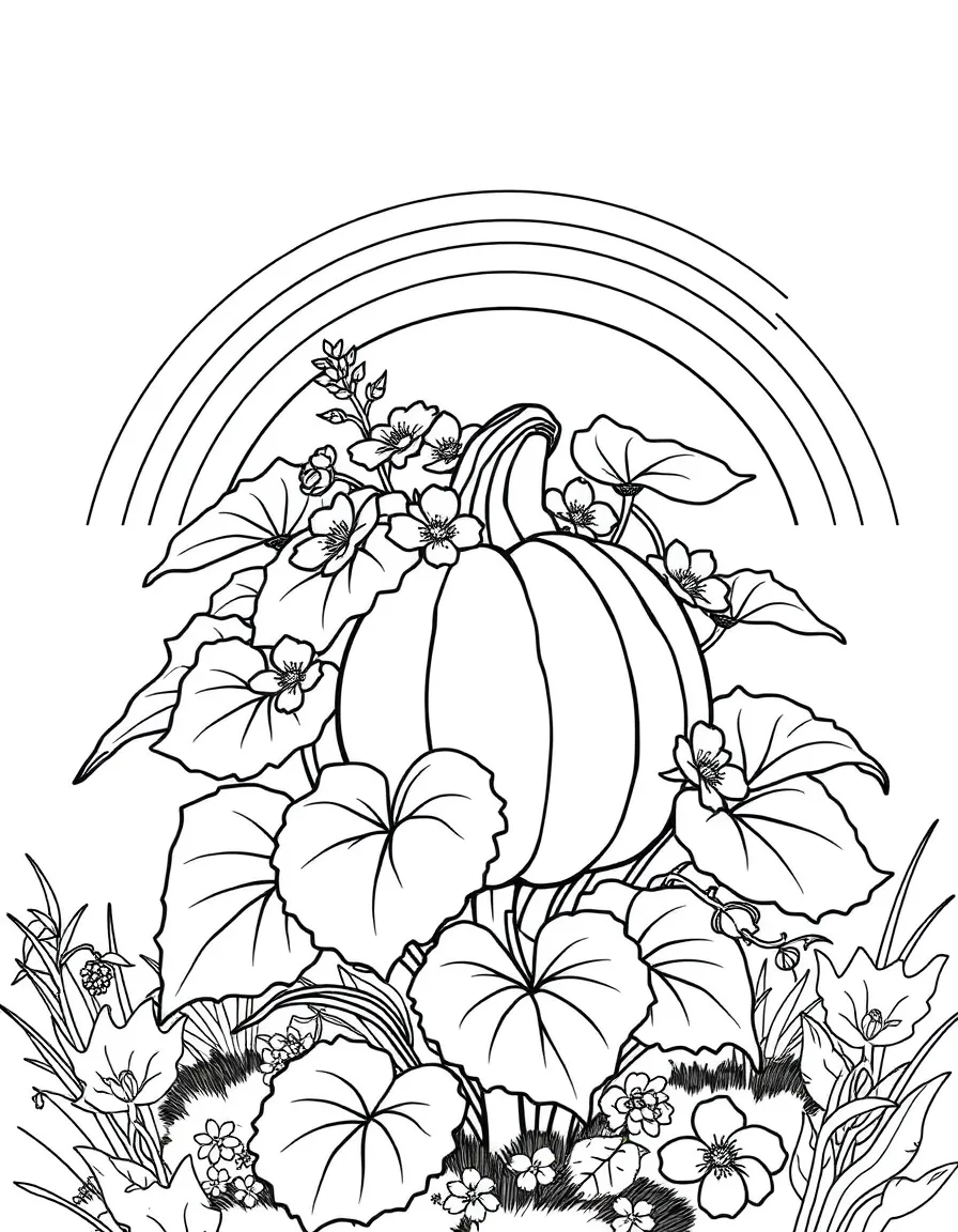 A pumpkin shrub with big leaves and blossoms under a rainbow