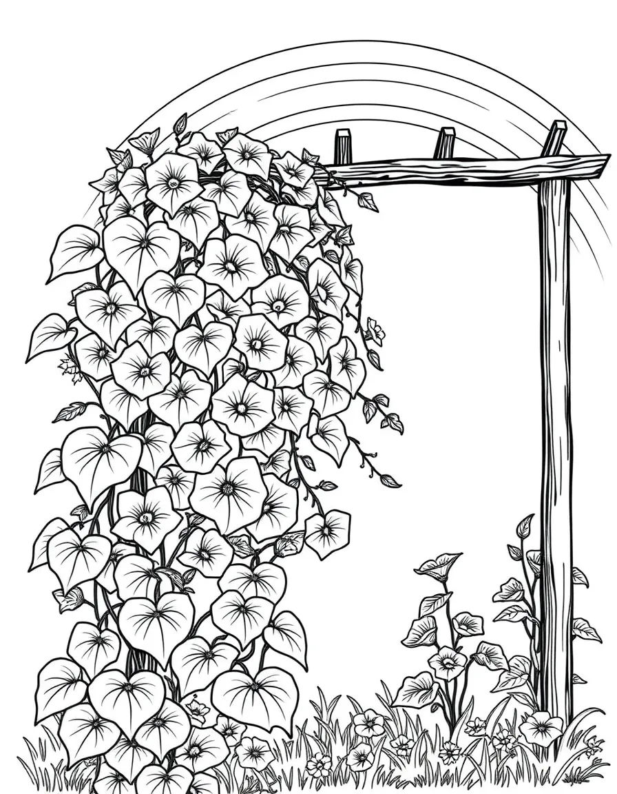 A vine of morning glories climbing a trellis under a rainbow