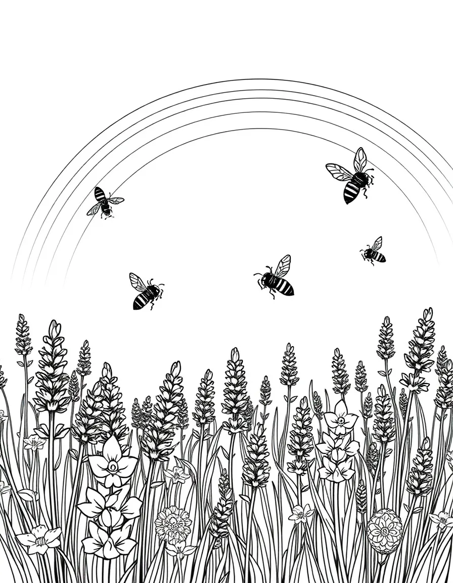 A field of lavender with bees flying above under a rainbow