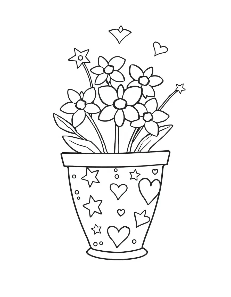 A blossompot painted with stars and hearts