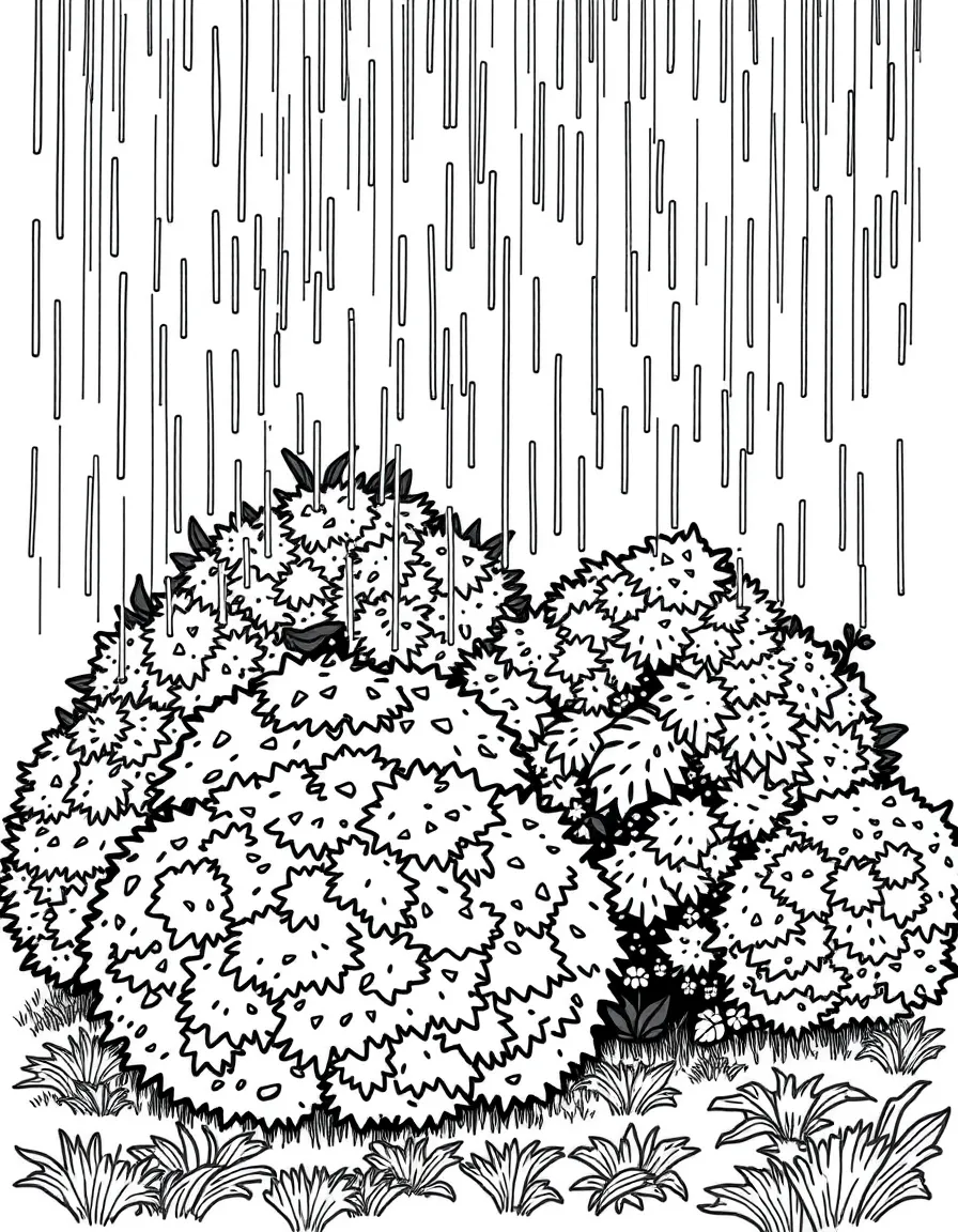 A scene of rain falling on a group of shrubs
