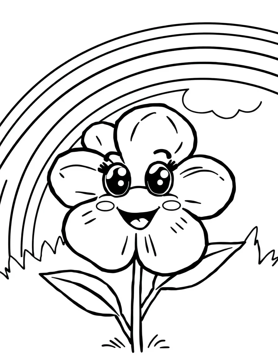 A happy blossom with cartoon eyes and a smile under a rainbow