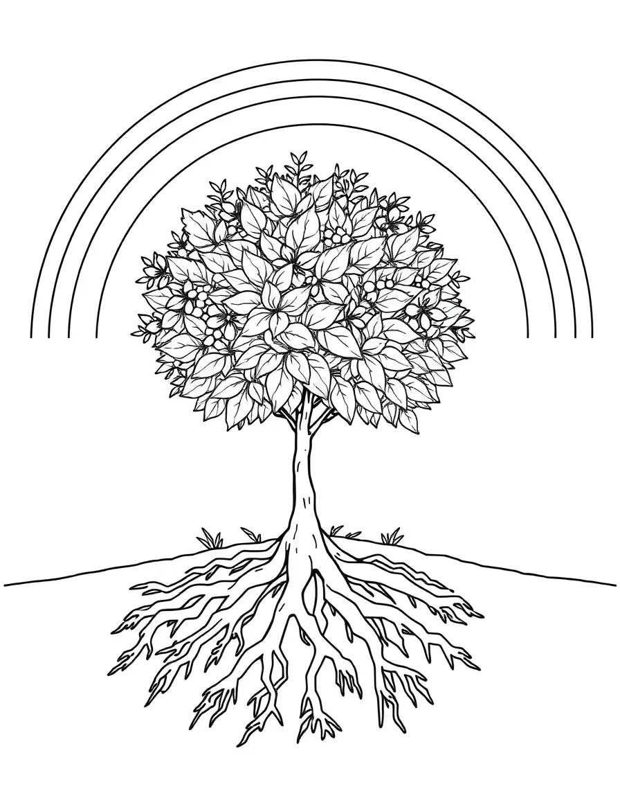 A shrub with roots visible underground under a rainbow