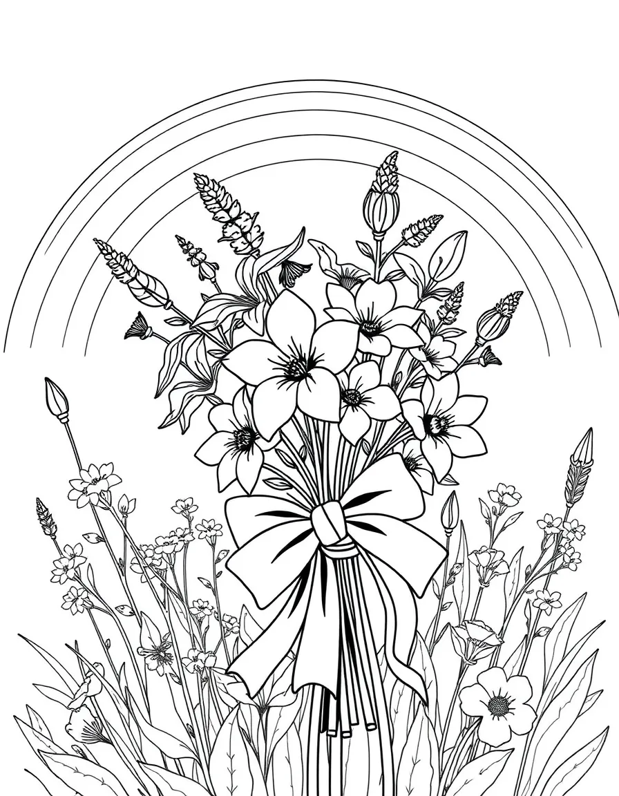 A bunch of wildblossoms tied with a bow under a rainbow