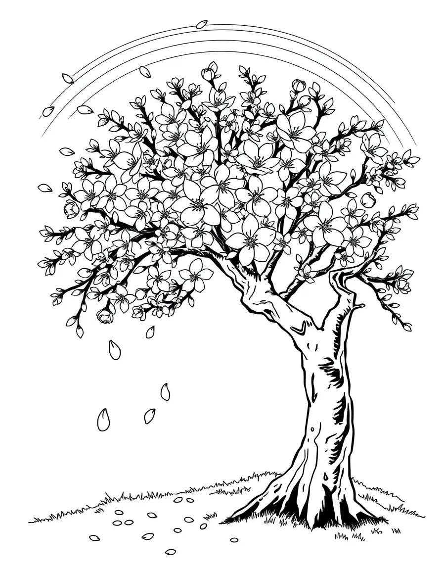 A cherry blossom tree with falling petals under a rainbow under a rainbow under a rainbow