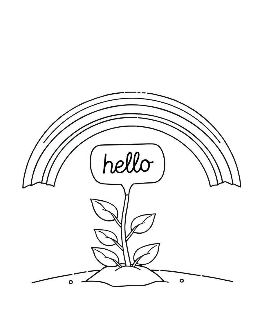 A tiny sprout saying 'hello' with a speech bubble under a rainbow