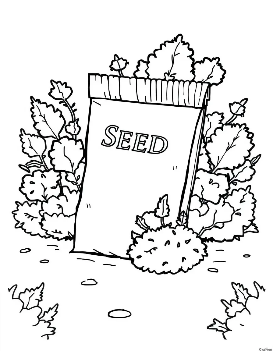 A seed packet with shrubs growing around it