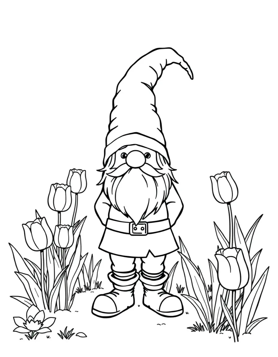 A meadow gnome standing beside a tulip patch