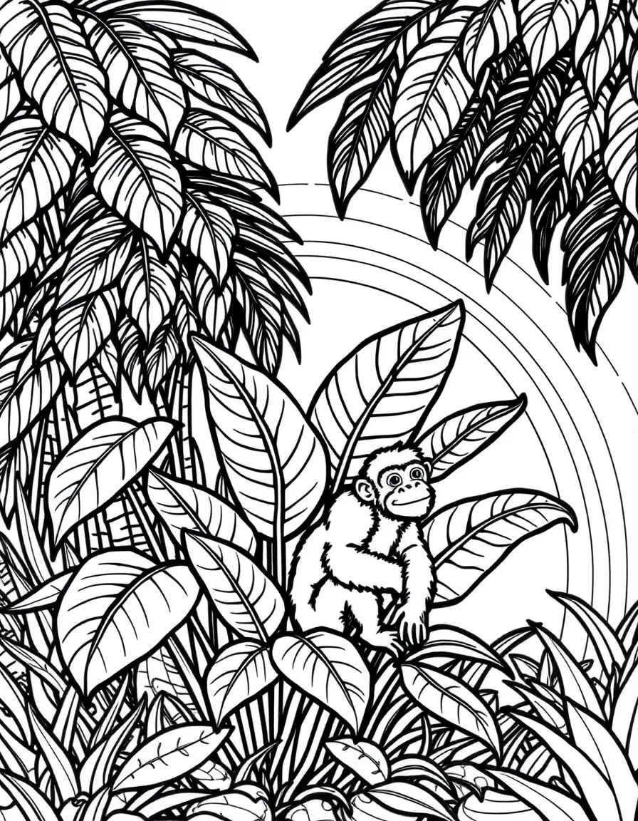 A jungle shrub with giant leaves and a monkey under a rainbow