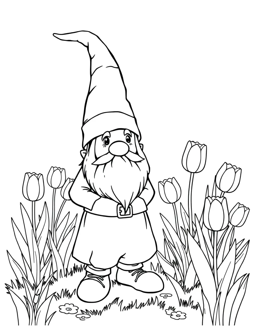 A meadow gnome standing beside a tulip patch