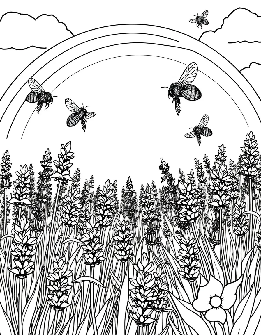 A field of lavender with bees flying above under a rainbow