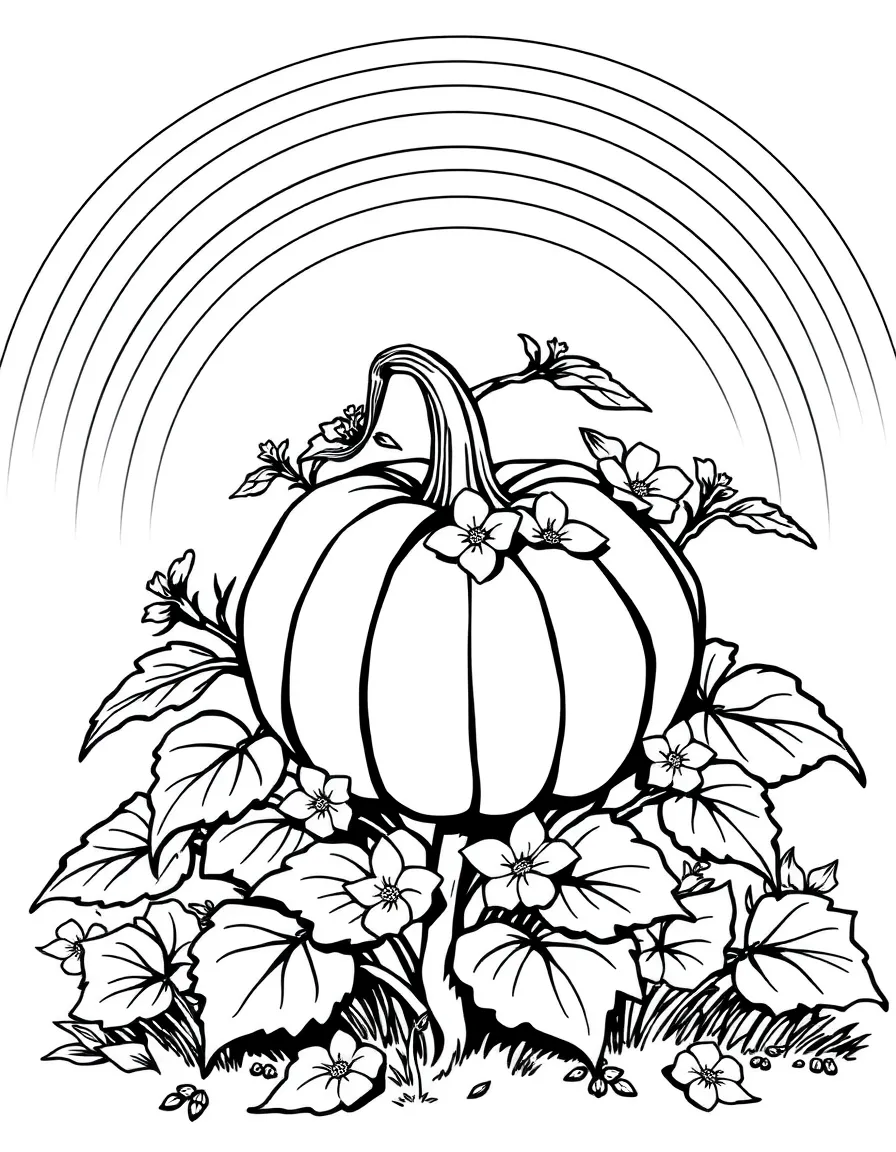 A pumpkin shrub with big leaves and blossoms under a rainbow under a rainbow under a rainbow