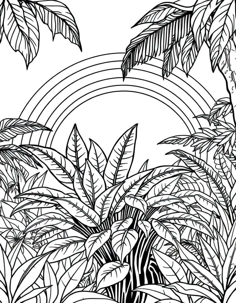 A jungle shrub with giant leaves and a monkey under a rainbow under a rainbow