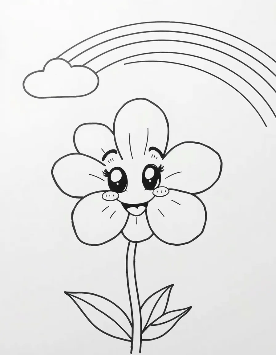 A happy blossom with cartoon eyes and a smile under a rainbow