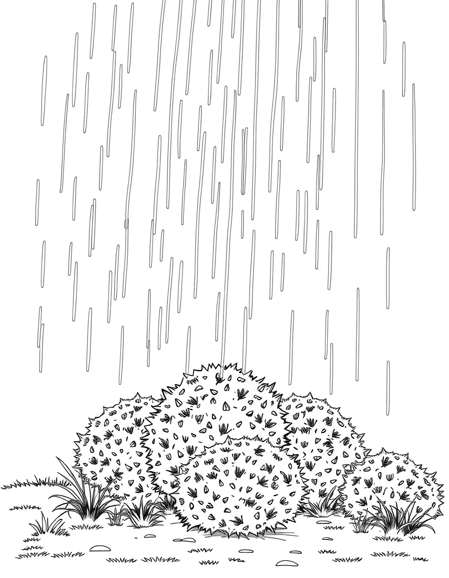 A scene of rain falling on a group of shrubs under a rainbow under a rainbow