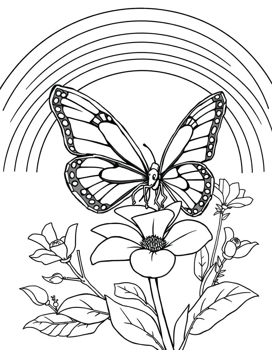 A butterfly landing on a blossom in bloom under a rainbow