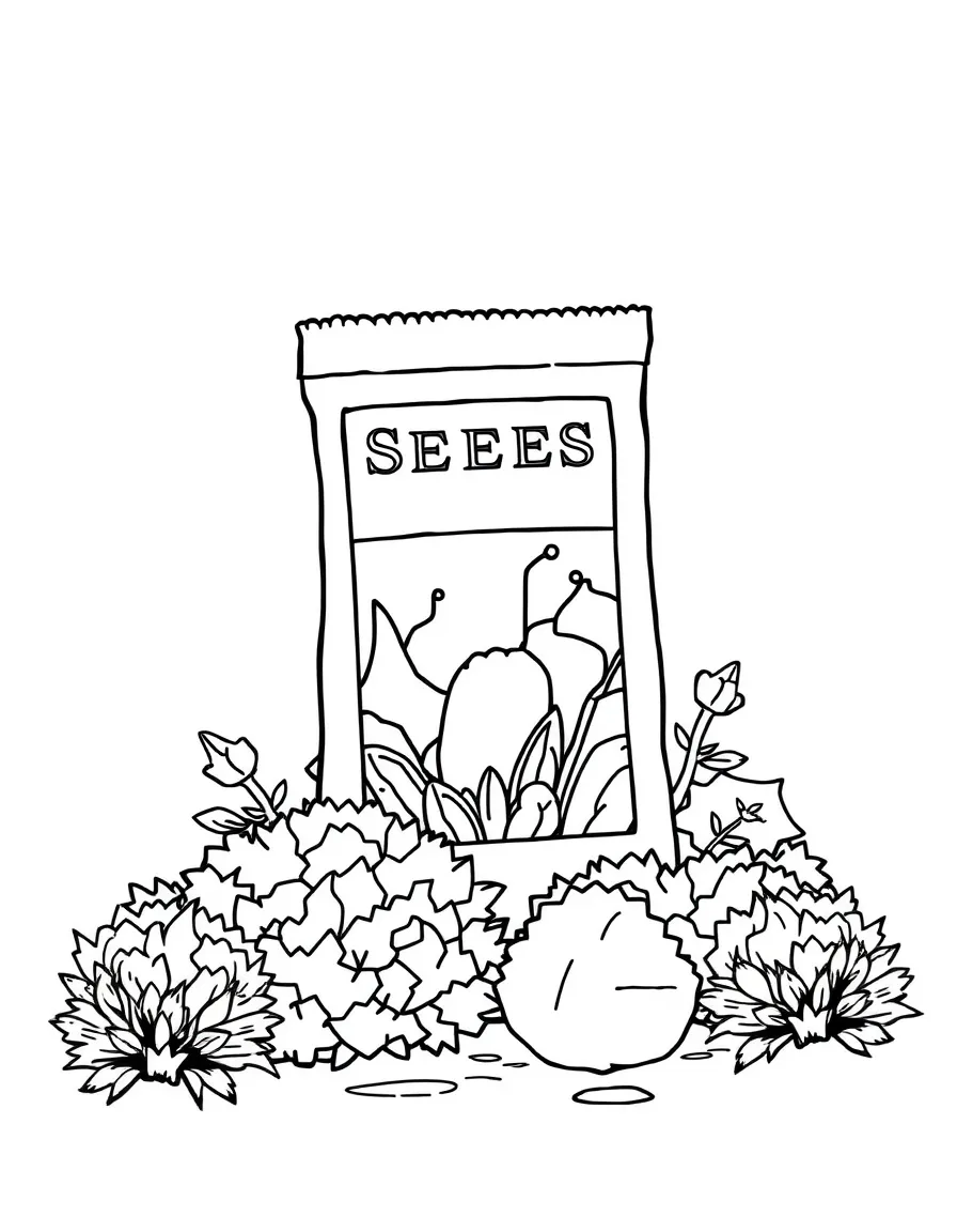 A seed packet with shrubs growing around it
