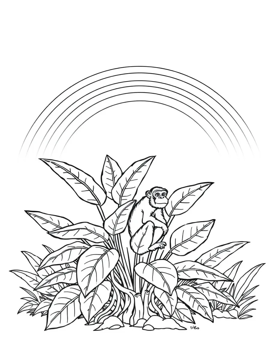 A jungle shrub with giant leaves and a monkey under a rainbow under a rainbow