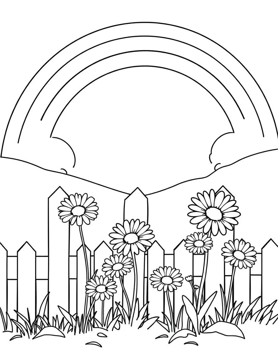 A row of daisies growing along a white picket fence under a rainbow